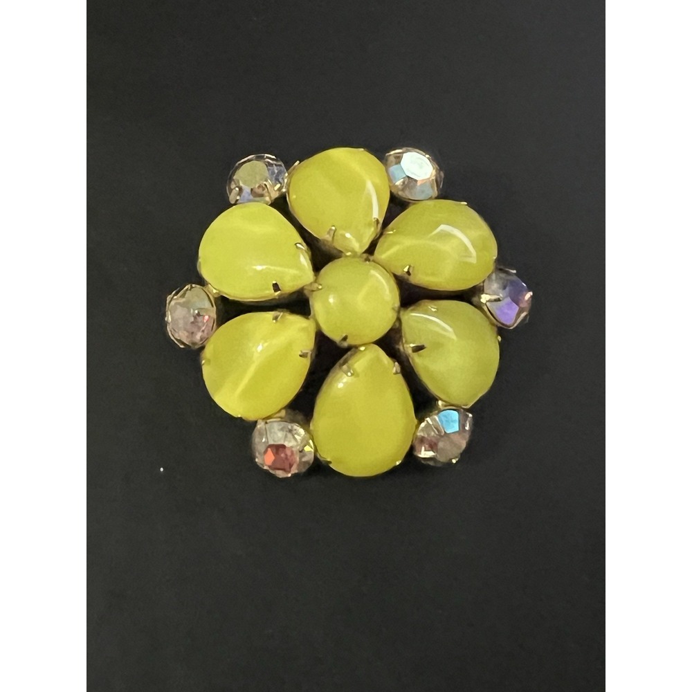 VINTAGE yellow GLASS aurora borealis RHINESTONE BROOCH pin prong - Picture 2 of 13